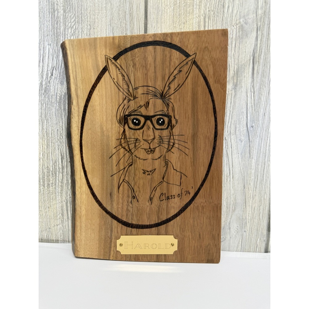 Handcrafted Harold Rabbit Class of 74 Wood Burned Live Edge Wall Plaque Art